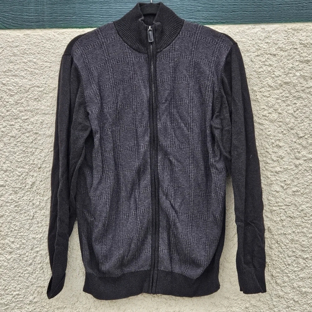 Oscar de la Renta charcoal gray colorblock mockneck full zip cardigan large